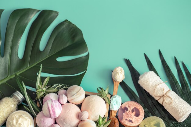 Still life of spa items on a colored table