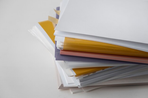 Still life of stacks of papers and documents