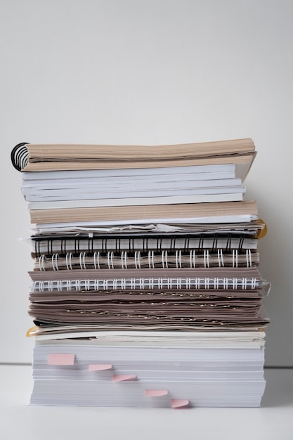 Still life of stacks of papers and documents