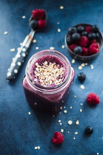 Still life of tasty blueberry smoothie