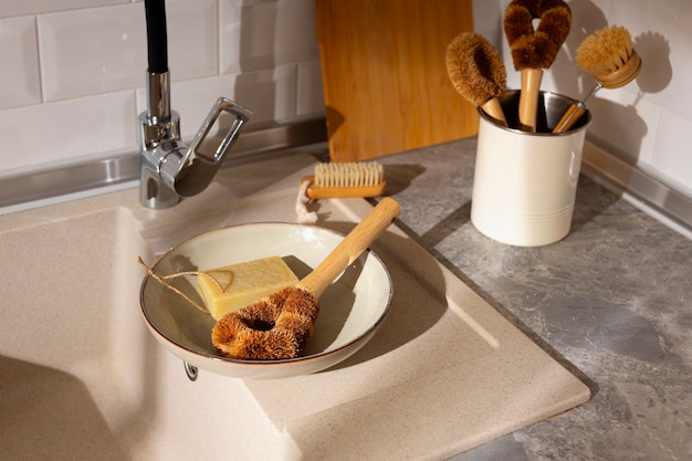 Free photo still life of various cleaning brushes