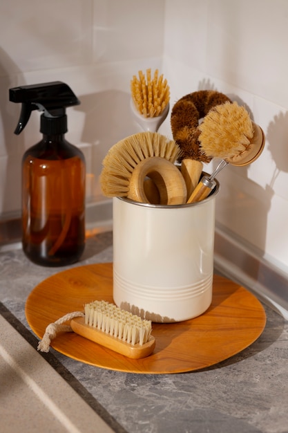 Still life of various cleaning brushes