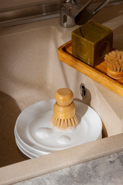 Still life of various cleaning brushes