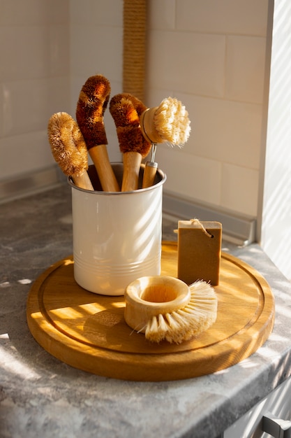 Still life of various cleaning brushes