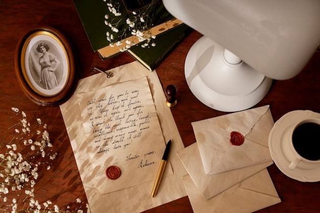 Natura morta di scrittura vintage di una lettera d'amore