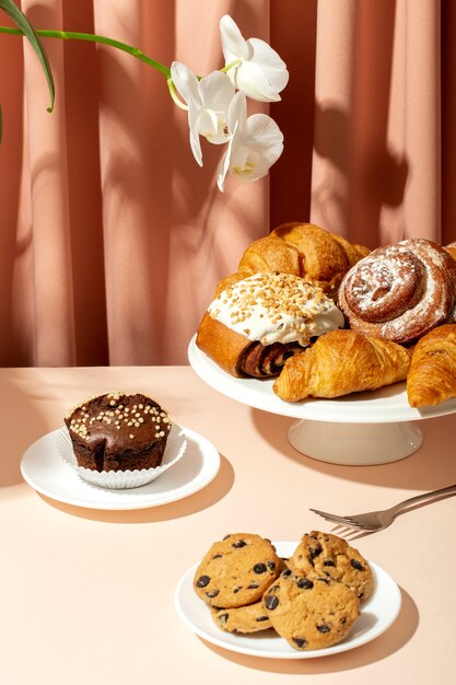 Still life with appetizing bakery food