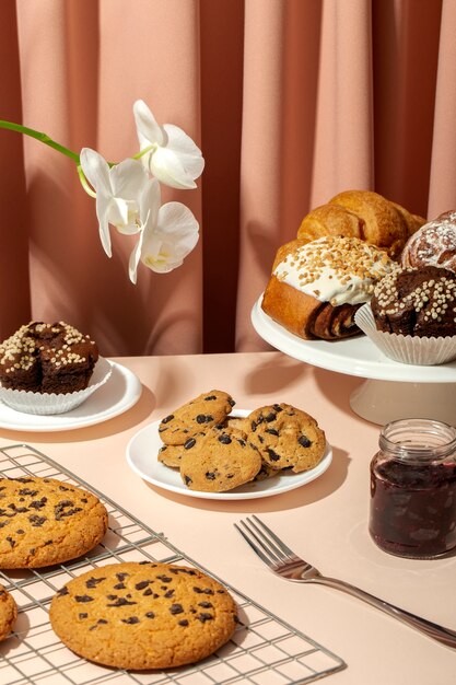 Still life with appetizing bakery food