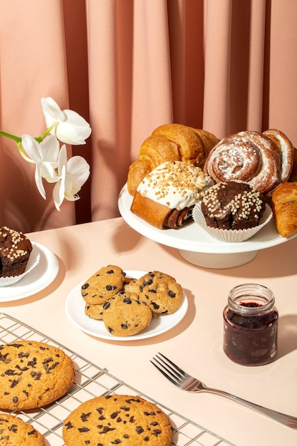 Still life with appetizing bakery food