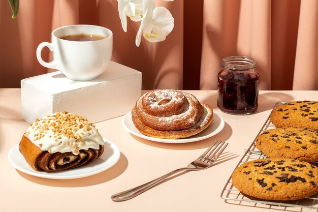 Still life with appetizing bakery food