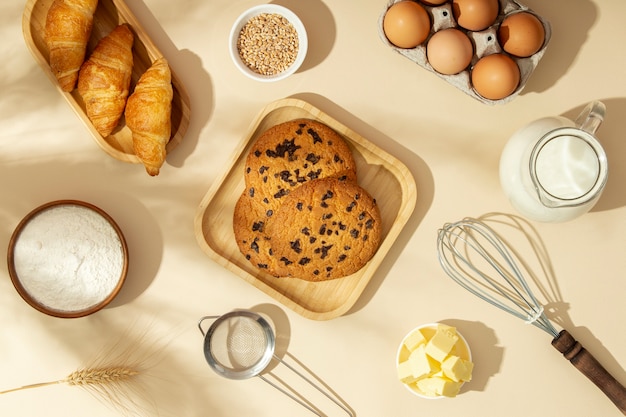 Still life with appetizing bakery food