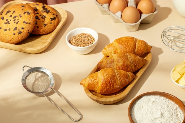 Still life with appetizing bakery food