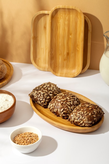 Still life with appetizing bakery food