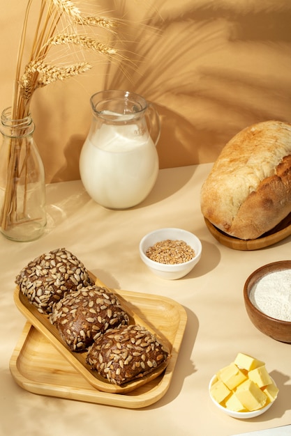 Still life with appetizing bakery food