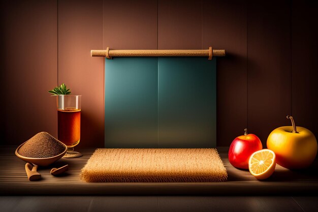 Free photo a still life with a blue tablecloth and a wooden board with a fruit and a glass of tea.