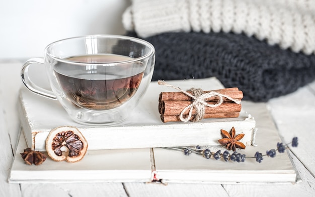 still life with a book and tea