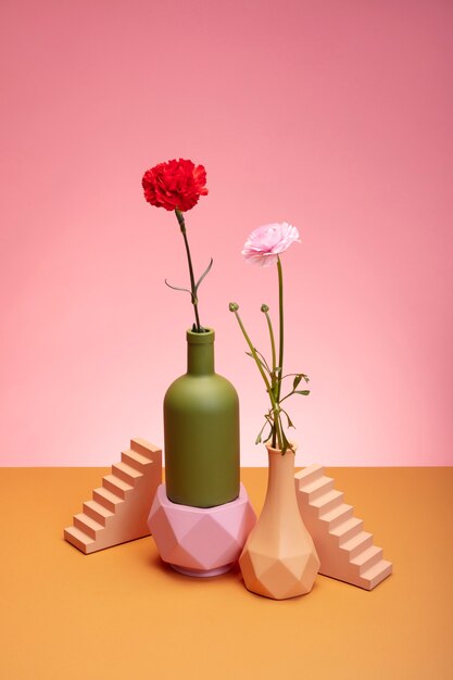 Still life with colorful leaves and flowers