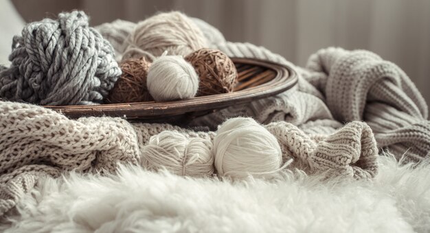 Still life with a cozy variety of yarn for knitting.