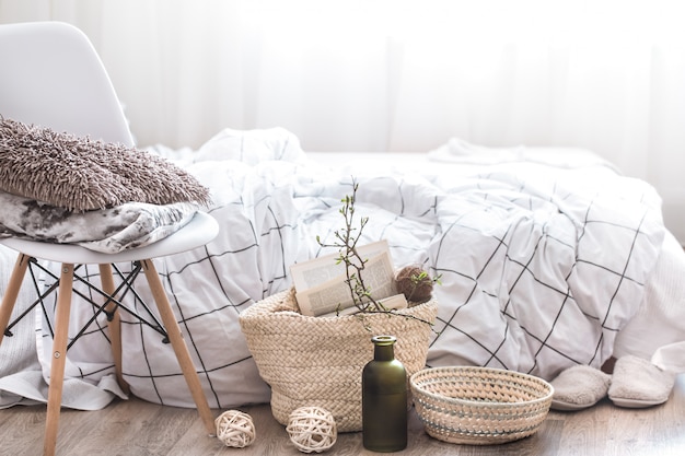 Still life with details of home decor in a cozy interior of the room