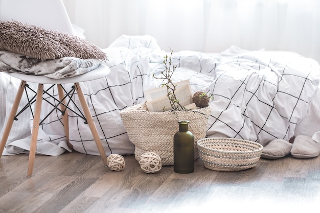 Still life with details of home decor in a cozy interior of the room