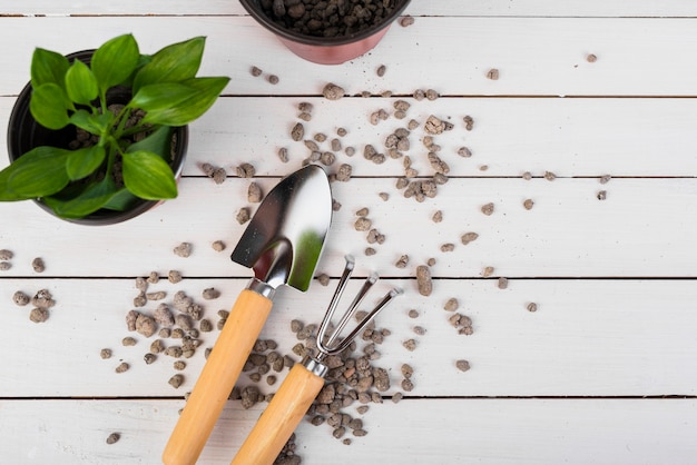 Foto gratuita natura morta con oggetti da giardinaggio