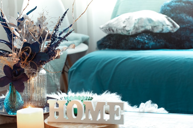 Still life with wooden inscription home, in the living room .