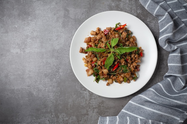 Stir-fried minced pork with basil.