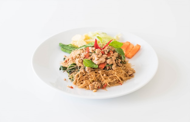 stir-fried noodle, pork and basil