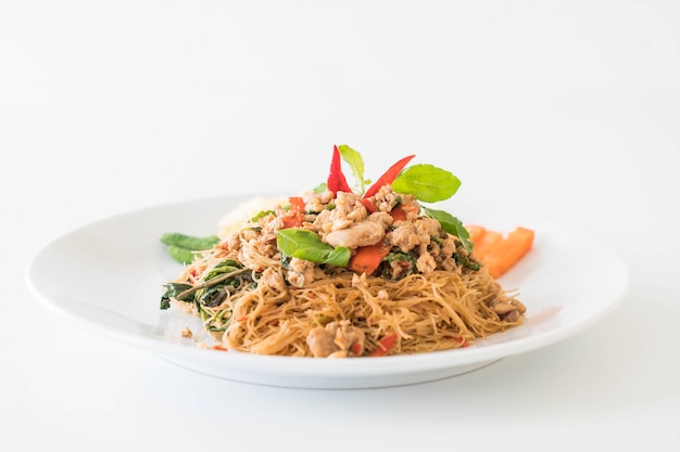 stir-fried noodle, pork and basil