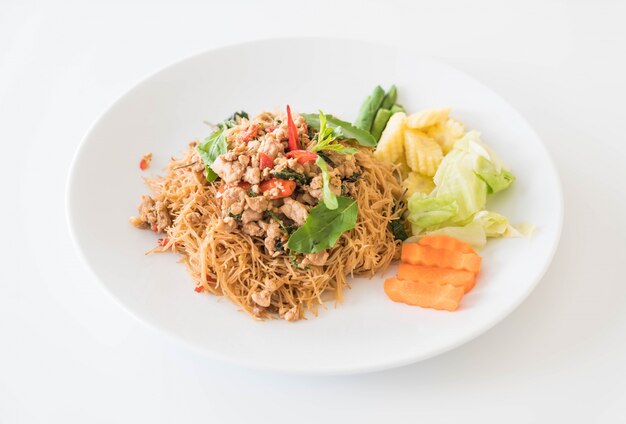 stir-fried noodle, pork and basil