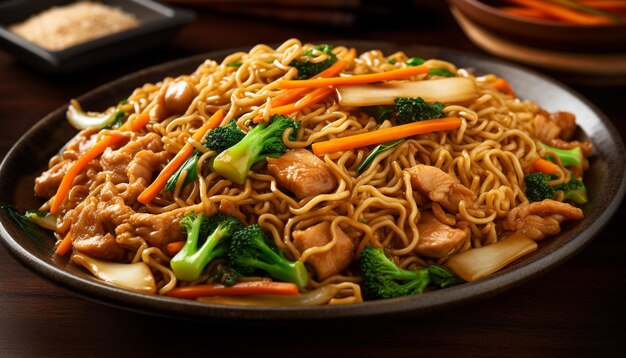 Stir fried pork and vegetables on a plate with chopsticks generated by AI