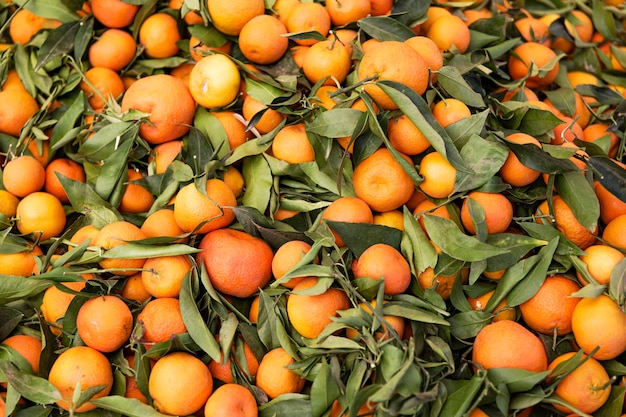 Stock of oranges with leaves