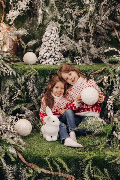 크리스마스 장난감을 들고 카메라를 보며 웃고 있는 똑같이 빨간색과 흰색 겨울 무늬 스웨터를 입은 사랑스러운 작은 갈색 머리 자매의 스톡 사진. 크리스마스 장식으로 둘러싸여 있습니다.