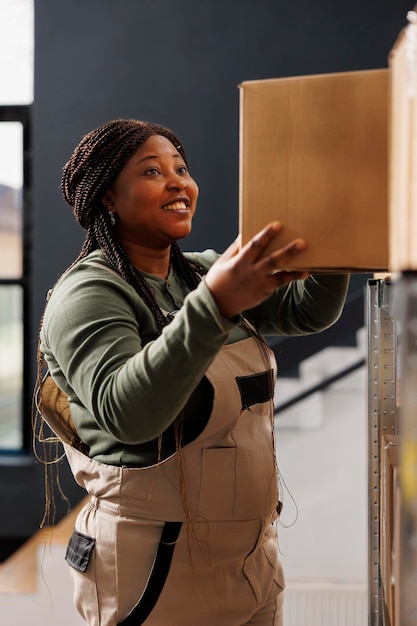 Free photo stockroom worker taking out cardboard box from shelves