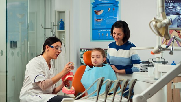 プレゼンテーションの歯の骨格を使用して適切な歯科衛生を説明し、そこから塊を抽出する口腔病学者。歯科医は、口腔病学のオフィスで人間の顎のサンプルを保持する手順を子供に指示します。