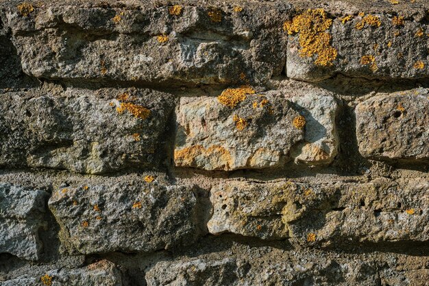 Stone background An old house made of untreated rough stone overgrown with moss Idea for the facade of a house or building design and interior space