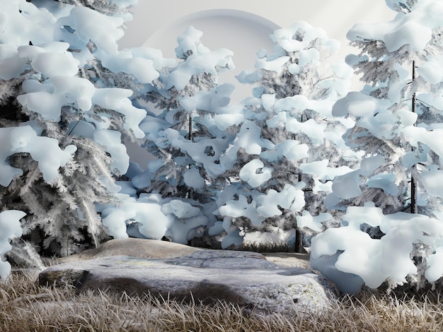 Бесплатное фото Каменный пьедестал в тропическом лесу для презентации продукта и снежного леса