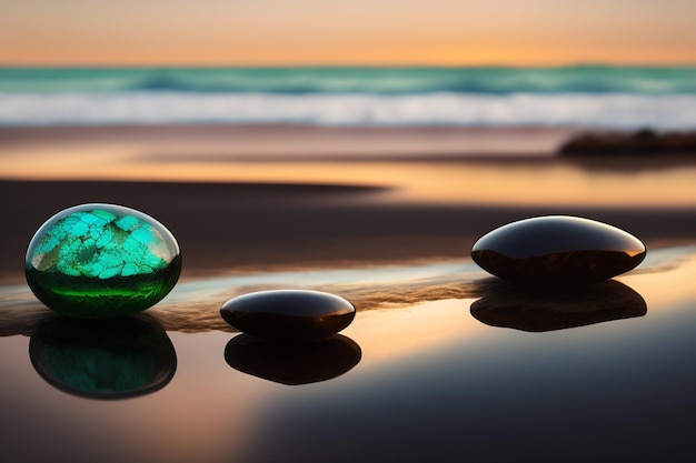 Free photo stones on a beach with a sunset in the background