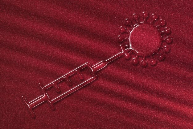 コロナウイルスの概念、医療注射器のシンボル、予防接種、赤い背景を停止します。