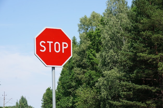 Stop sign beside row of trees against a blue sky