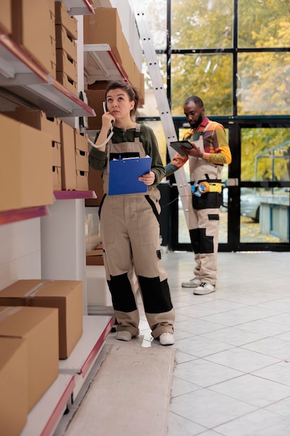 Free photo storage room worker discussing products quality control with remote supervisor using landline phone in warehouse. storehouse manager preparing customers orders, working at packages shipment