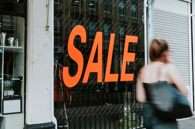 Store window display with a text sale