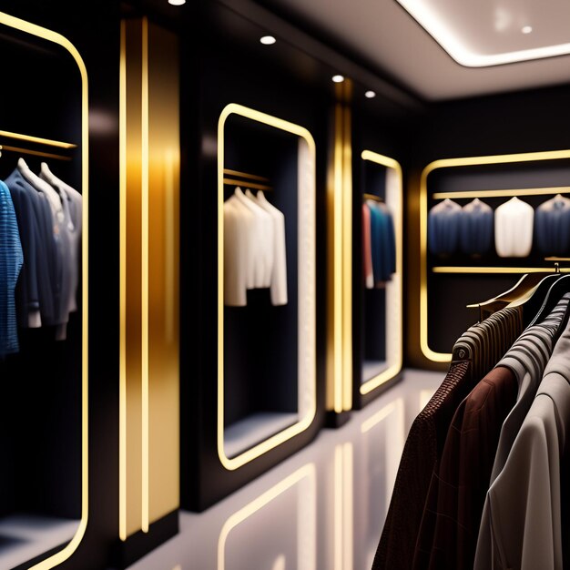 棚には洋服がずらりと並び、壁には鏡が設置された店内。