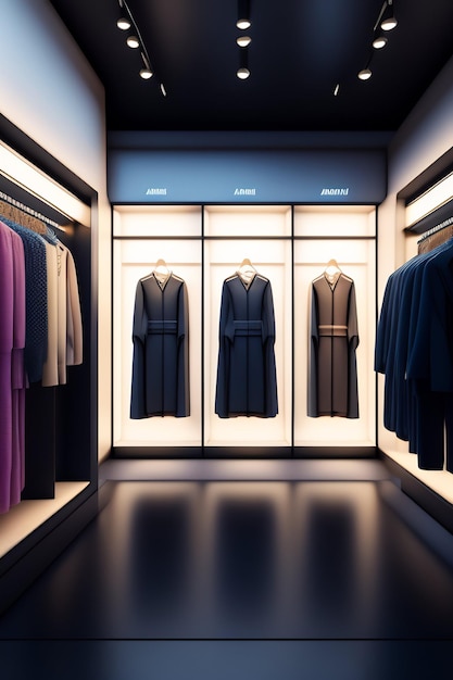 A store with a white wall and a row of dresses with the word fashion on it.