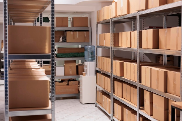 Storehouse interior with stacked cardboard boxes on tall metal racks. Goods cardboard boxes on shelves ready for transportration in industrial warehouse building with nobody inside