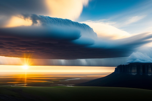背後に太陽が沈む山の上にある嵐の雲