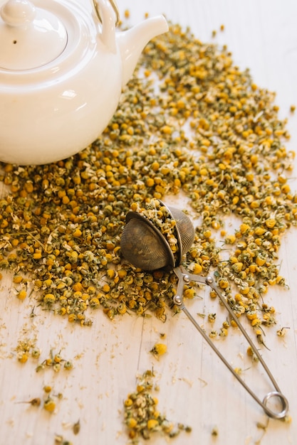 Strainer and teapot on chamomile