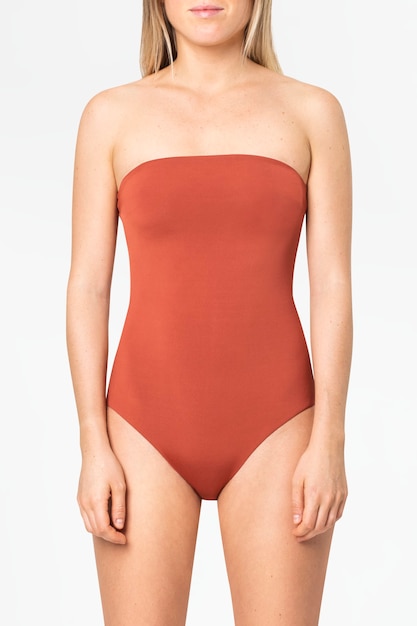 Free photo strapless orange swimsuit women’s summer apparel with design space