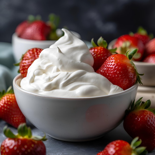 Foto gratuita fragole con panna montata in una ciotola su uno sfondo scuro