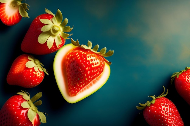 Free photo a strawberry cut in half and a heart shaped cut in half.