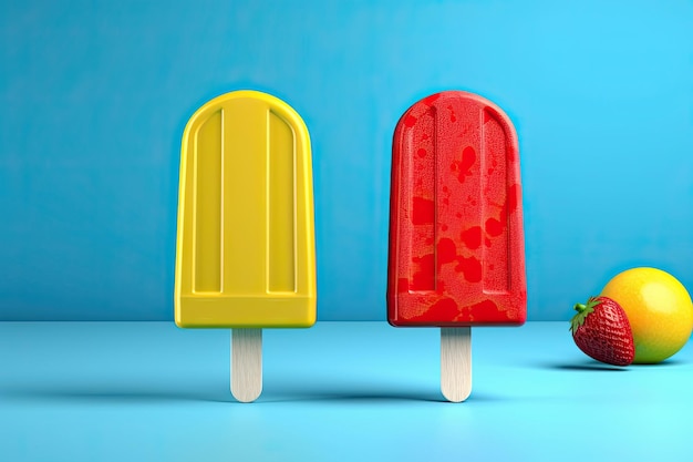 Strawberry and lemon popsicle on blue background Ai generative